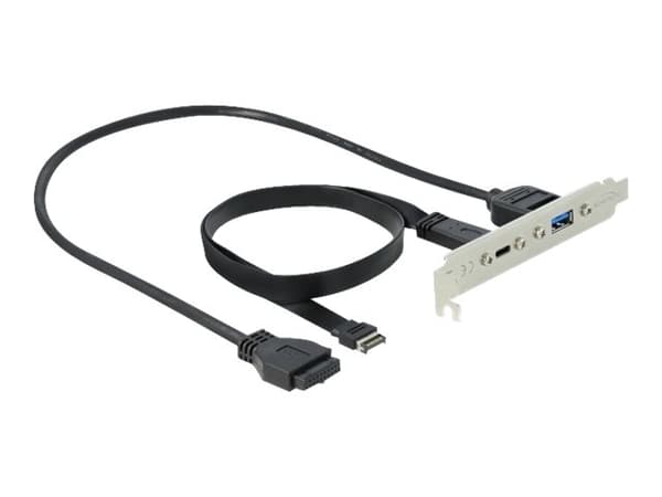 Delock Slot bracket - USB-panel - 19-stifts USB 3.0-kontakt, 20-stift USB 3.1-överdel till USB typ A, 24 pin USB-C (hona) - 5 / 20 V - 50 cm - svart