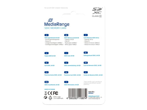 MediaRange - Flashminnekort - 64 GB - Class 10 - SDXC - blå