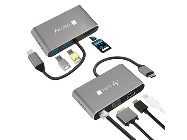Techly IADAP USB31-DOCK3, USB Type-C, HDMI, RJ-45, USB 3.2 Gen 1 (3.1 Gen 1), VGA, Grå, Hankoppling, Honkoppling, Windows 11