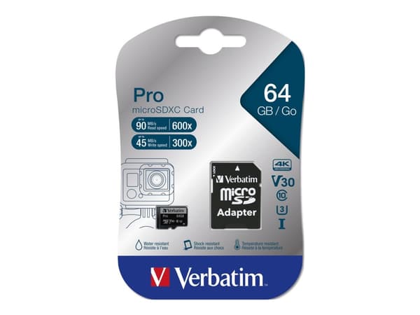 Verbatim PRO - Flashminnekort (SD-adapter inkludert) - 64 GB - UHS Class 3 / Class10 - 300x/600x - microSDXC UHS-I