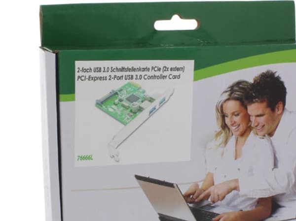 På linje? Grensesnittkort, 2x USB 3.0, PCIe, med SATA-strøm, inkl. lavprofilsporbrakett (76666L)