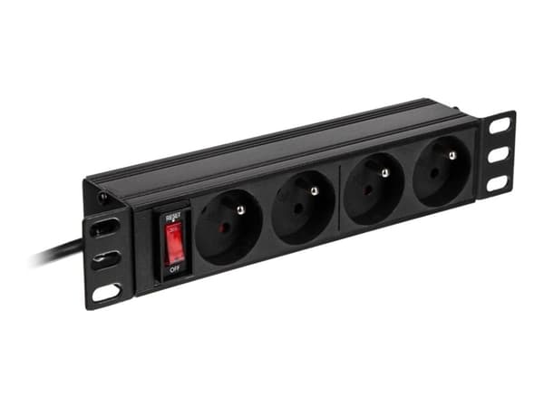 Netrack - Strømfordelerenhet (kan monteres i rack) - AC 230 V - inngang: strøm - utgangskontakter: 4 (4 x strøm type E) - 1U - 10" - 1.8 m kabel - sv