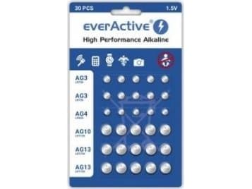 Sæt med 30 stk. everActive mini alkalinebatterier 10 x G3 / LR41, 5 x G4 / LR626, 5 x G10 / LR1130, 10 x G13 / LR1154