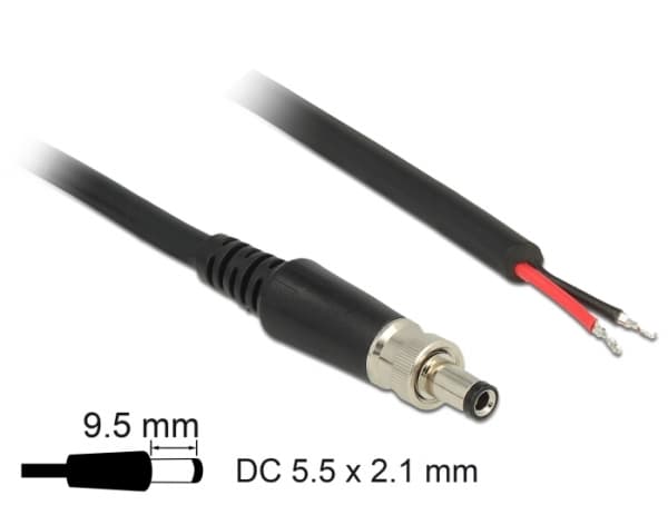 Delock - Strømkabel - DC-jakk 2,1/5,5/9,5 mm (hann) til uisolert tråd - 18 V - 2 A - 95 cm - svart