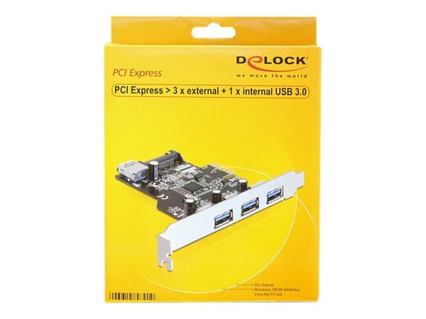 DeLOCK PCI Express-kort -> 3 x eksternt + 1 x intern USB 3.0 Delock PCI Express-kortet utvider din PC med tre eksterne USB 3.0-porter og en intern US