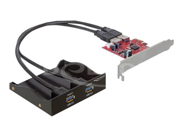DeLock USB 3.0 frontpanel, 2-ports, sort, inkl. PCI Express-kort Dette USB 3.0-frontpanelet er designet for å installeres i et ledig 3,5"-spor på dat