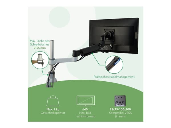 R-Go Single monitor arm Caparo - Monteringssats (justerbar arm för monitor) - för LCD-display - aluminium, återvunnen plast - silver - skärmstorlek: