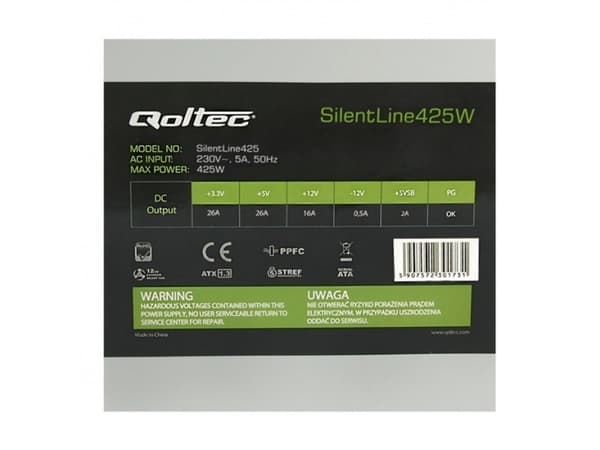 Qoltec SilentLine - Strømforsyning (intern) - ATX12V - 425 watt - PFC - grå