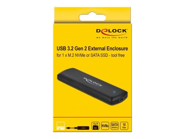 DeLOCK 42633, SSD-kotelo, M.2, PCI Express, SATA, 10 Gbit/s, USB-liitettävyys, Musta