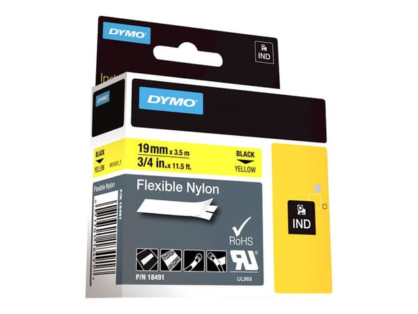 DYMO - Nylon - svart på gult - Roll (1.9 cm x 3.5 m) 1 kassett(er) fleksibelt bånd - for Rhino 4200, 6000, 6000 Hard Case Kit; RhinoPRO 5000