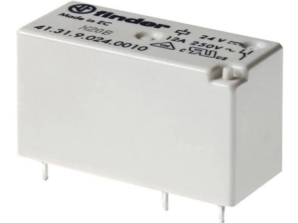 FINDER-piirilevyrele 12A, 1CO, 24V DC-kela. 3,5 mm:n tappiväli. Matala profiili. Kosketinmateriaali AgNi
