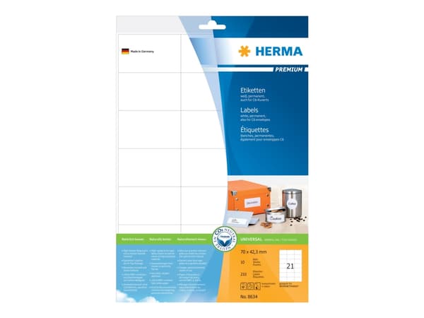 HERMA Premium - Papper - matt - permanent självhäftande - vit - 70 x 42.3 mm 210 etikett (er) (10 ark x 21) laminerade etiketter