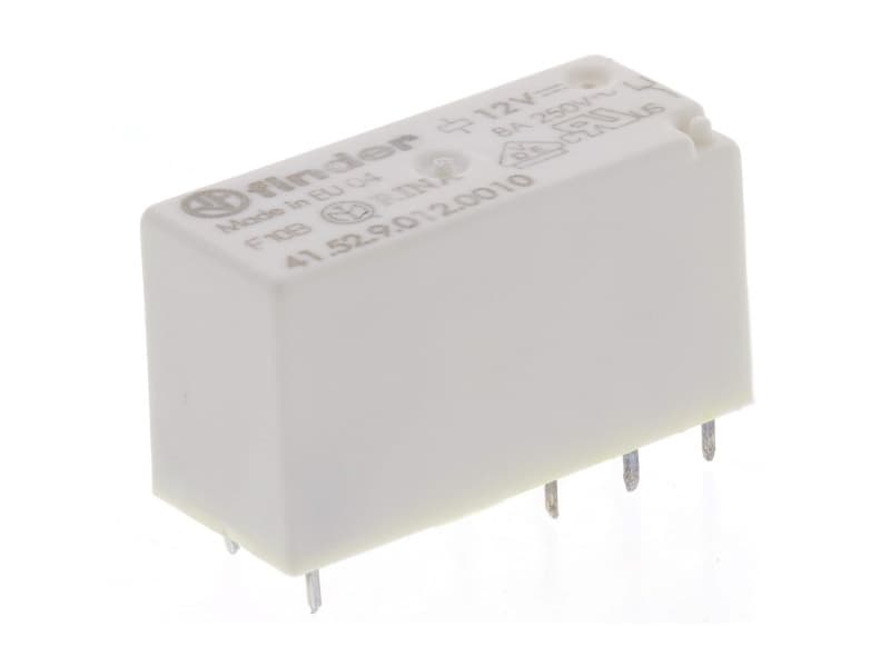 FINDER PCB relä 8A, 2CO, 12V DC spole. 5 mm stiftavstånd. Låg profil. Kontaktmaterial AgNi, Sockel 95.05 kan också användas (08.22.000.880)