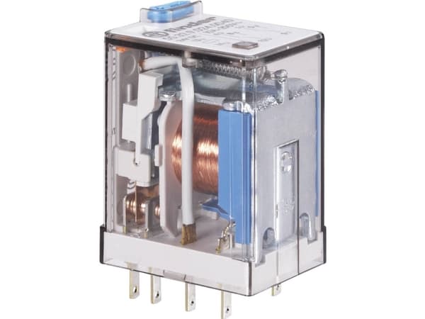 FINDER Industrirelæ 7A (15A), 4CO, 12VDC for sokkel serie 94. Låsbar testknap og mekanisk indikator.