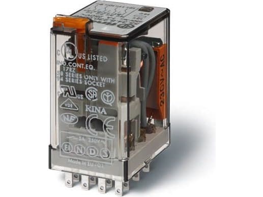 FINDER Industrirelæ 7A (15A), 4CO, 12VDC for sokkel serie 94. Låsbar testknap og mekanisk indikator.