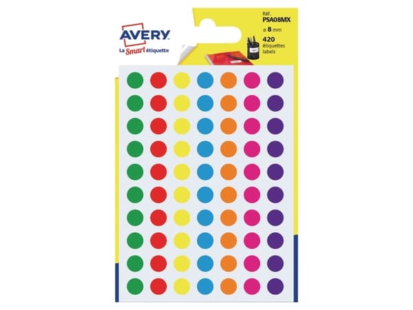Etiketter Avery PSA08mx Ø8mm ass. farver (pakke á 420 stk.)