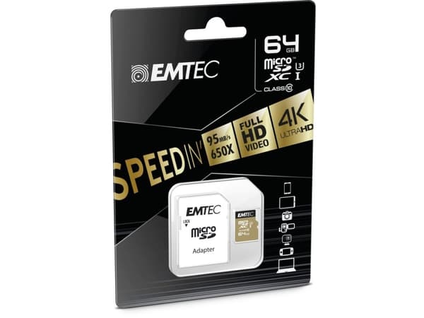 EMTEC SpeedIN' - Flashminnekort (microSDXC til SD-adapter inkludert) - 64 GB - UHS-I U3 / Class10 - 650x - microSDXC