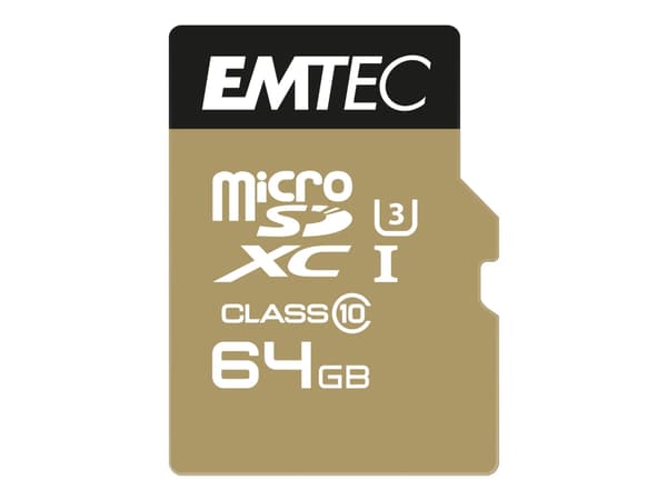 EMTEC SpeedIN' - Flashminnekort (microSDXC til SD-adapter inkludert) - 64 GB - UHS-I U3 / Class10 - 650x - microSDXC