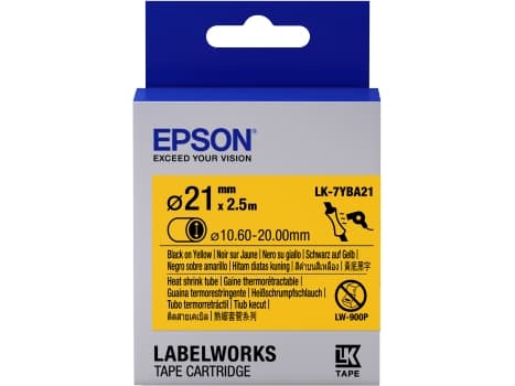 Epson -tarrakasetti, kutistesukka (HST), LK-7YBA21, musta/keltainen, halkaisija 21 mm (2,5 m), Musta keltaisella, Japani, 2,1 cm, LabelWorks LW-1000P
