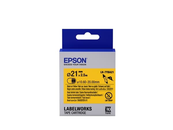 Epson -tarrakasetti, kutistesukka (HST), LK-7YBA21, musta/keltainen, halkaisija 21 mm (2,5 m), Musta keltaisella, Japani, 2,1 cm, LabelWorks LW-1000P
