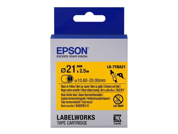 Epson -tarrakasetti, kutistesukka (HST), LK-7YBA21, musta/keltainen, halkaisija 21 mm (2,5 m), Musta keltaisella, Japani, 2,1 cm, LabelWorks LW-1000P