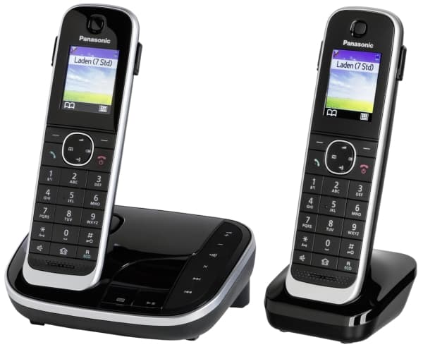 Panasonic KX-TGJ322, DECT-telefon, högtalartelefon, 250 poster, namn och visningsnummer, textmeddelanden (SMS), svart. Telefonprodukten fungerar inte