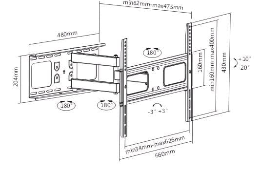 SUNNE 37-63-EA2, 200 x 200 mm, 600 x 400 mm, -10 - 20°, -90 - 90°, Stål, Svart