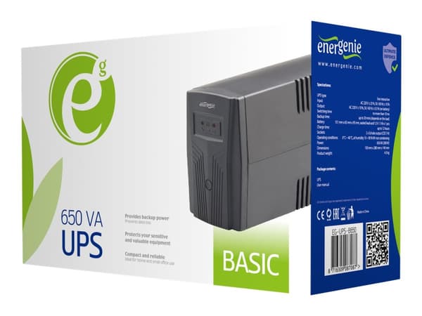 EnerGenie EG-UPS-B650 - UPS - AC 220 V - 390 watt - 650 VA - 7 Ah - utgangskontakter: 2 Sort