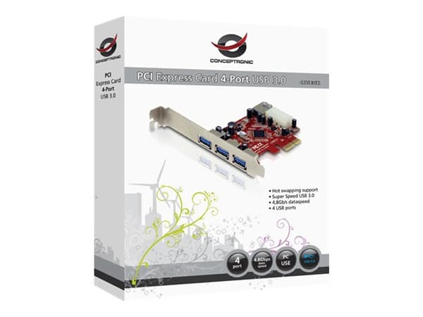 Conceptronic C4USB3EXI, PCIe, USB 3.2 Gen 1 (3.1 Gen 1), Punainen, Hopea, Kiina, VIA VL800, 4,8 Gbit/s Punainen, Hopea