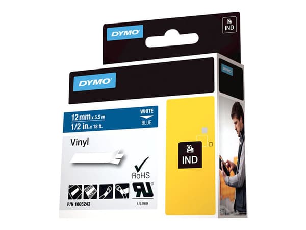DYMO Rhino Coloured Vinyl - Vinyl - hvitt på blått - Rull (1,2 cm x 5,5 m) 1 kassett(er) tape - for DYMO ILP219; Rhino 1000, 4200, 5000, 5200, 6000;