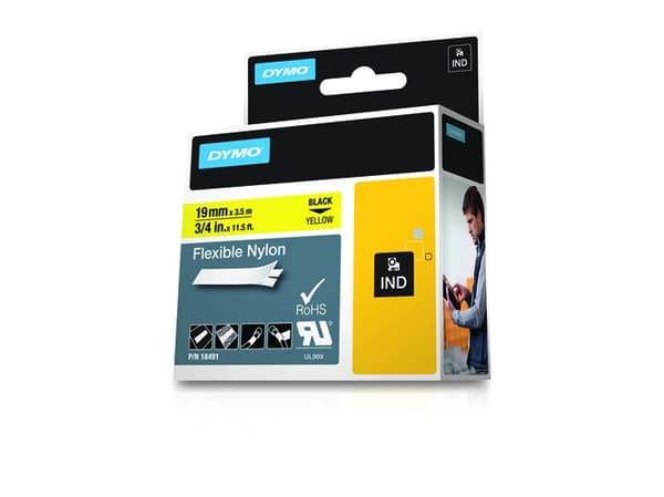 DYMO Rhino - Nylon - svart på gult - Roll (1.9 cm x 3.5 m) 1 kassett(er) fleksibelt bånd - for Rhino 4200, 6000, 6000 Hard Case Kit