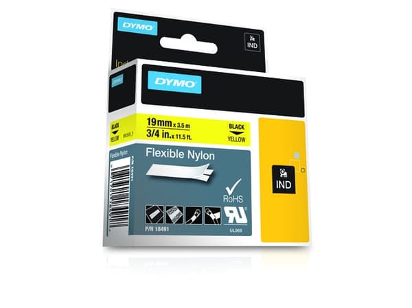DYMO Rhino - Nylon - svart på gult - Roll (1.9 cm x 3.5 m) 1 kassett(er) fleksibelt bånd - for Rhino 4200, 6000, 6000 Hard Case Kit