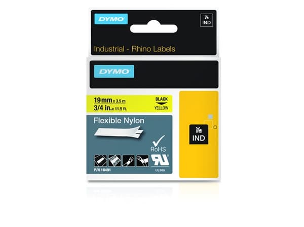 DYMO Rhino - Nylon - svart på gult - Roll (1.9 cm x 3.5 m) 1 kassett(er) fleksibelt bånd - for Rhino 4200, 6000, 6000 Hard Case Kit