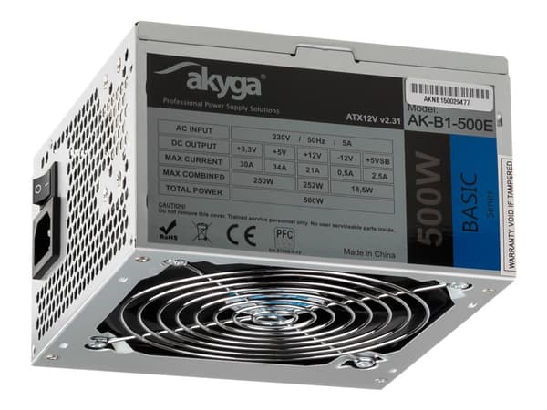 Akyga Basic Series AK-B1-500E - Strømforsyning (intern) - ATX12V 2.31 - AC 230 V - 500 watt - PFC - grå