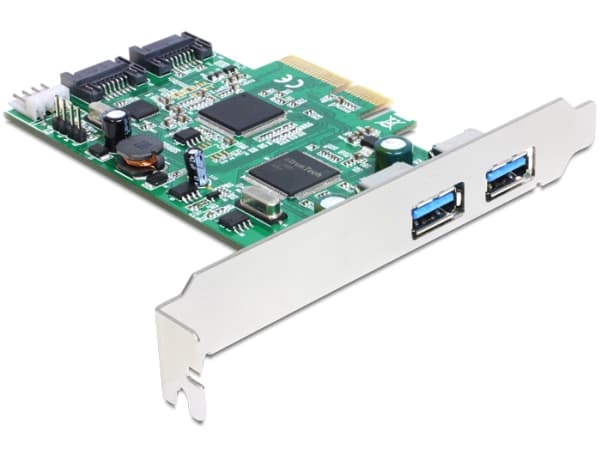 DeLock PCI Express-kort > 2 x ekstern USB 3.0, 2 x intern SATA 6 Gb/s - Speicher/USB3.0-kontroller - USB 3.0 / SATA 6 Gb/s - 600 MBps - PCIe 2.0 x4 (