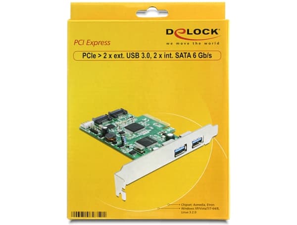 DeLock PCI Express-kort > 2 x ekstern USB 3.0, 2 x intern SATA 6 Gb/s - Speicher/USB3.0-kontroller - USB 3.0 / SATA 6 Gb/s - 600 MBps - PCIe 2.0 x4 (