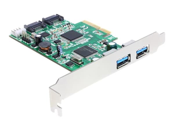 DeLock PCI Express-kort > 2 x ekstern USB 3.0, 2 x intern SATA 6 Gb/s - Speicher/USB3.0-kontroller - USB 3.0 / SATA 6 Gb/s - 600 MBps - PCIe 2.0 x4 (