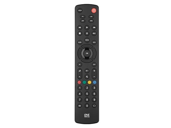 One For All Basic yleiskaukosäädin Contour 4, TV, TV-digisovitin, DVD/Blu-ray, Soundbar-kaiutin, IR Langaton, Painikkeiden painaminen, Musta