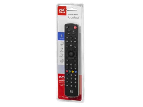 One For All Basic yleiskaukosäädin Contour 4, TV, TV-digisovitin, DVD/Blu-ray, Soundbar-kaiutin, IR Langaton, Painikkeiden painaminen, Musta