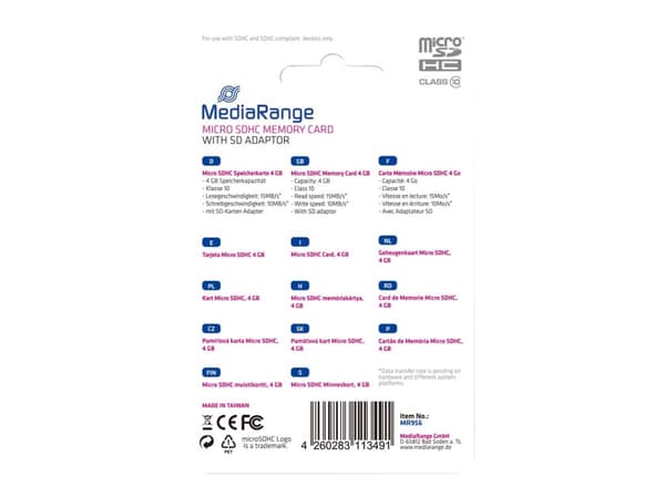 MediaRange - Flashminneskort (microSDHC till SD-adapter ingår) - 4 GB - Klass 10 - microSDHC - svart