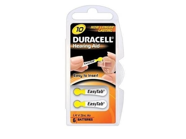 DURACELL høreapparatknappcelle EasyTab 10, sink-luftbatteri 1,4 volt, diameter: 5,8 mm, høyde: 3,6 mm - 1 stk (DUR077559)