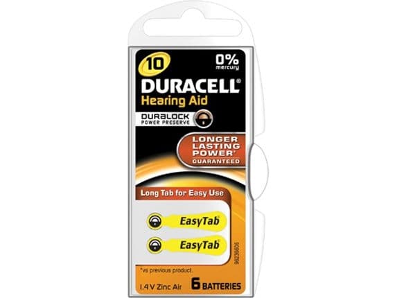 DURACELL høreapparatknappcelle EasyTab 10, sink-luftbatteri 1,4 volt, diameter: 5,8 mm, høyde: 3,6 mm - 1 stk (DUR077559)