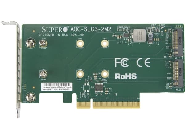 Super Micro Supermicro AOC-SLG3-2M2 - Grensesnittadapter - M.2 - Utvidelsesspor til 2 x M.2 - M.2 NVMe-kort - Lav profil - PCIe 3.0 x8 (AOC-SLG3-2M2-