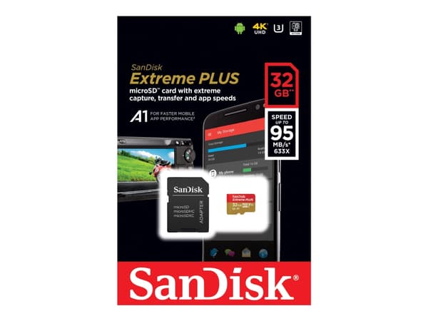 SanDisk Extreme PLUS - Flash-minneskort (adapter, microSDHC till SD inkluderad) - 32 GB - A1 / Video Class V30 / UHS-I U3 - microSDHC UHS-I