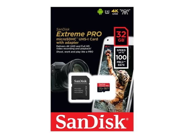 SanDisk Extreme Pro - Flashminnekort (microSDXC til SD-adapter inkludert) - 32 GB - A1 / Video Class V30 / UHS-I U3 - 667x - microSDHC UHS-I