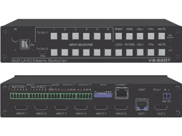 Kramer VS-62DT 6x2 4K60 4:2:0 HDMI/HDBaseT Long-Reach PoE Matrix Switcher - Video/audio switch - stasjonær, rackmonterbar
