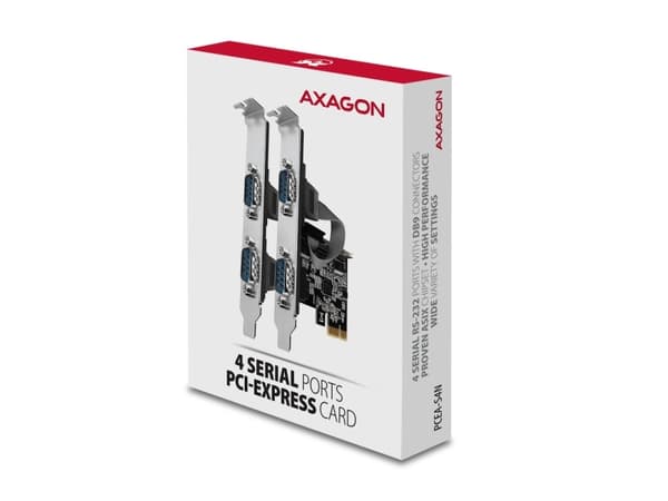 Axagon PCEA-PSN PCIe-Adapter mit 4x Seriell-Ports - ASIX AX99100 Chipsatz, PCIe, RS-232, Hankoppling, Fullhöjd/låg profil, PCIe 2.0, RS-232