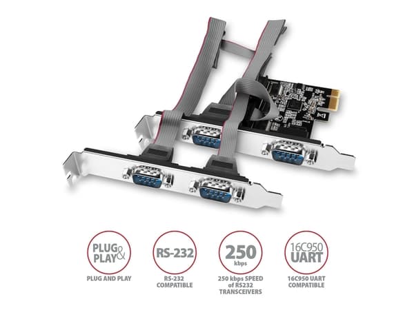 Axagon PCEA-PSN PCIe-Adapter mit 4x Seriell-Ports - ASIX AX99100 Chipsatz, PCIe, RS-232, Hankoppling, Fullhöjd/låg profil, PCIe 2.0, RS-232
