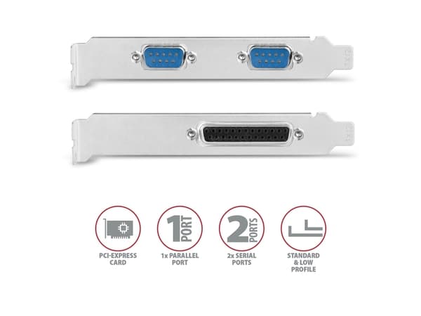 AXAGON PCEA-PSN, PCIe-belastning - 1x parallell (LPT) + 2x seriell port (RS232) 250 kbps, vę. Nei