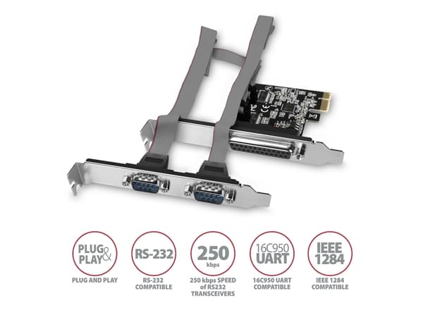 AXAGON PCEA-PSN, PCIe-belastning - 1x parallell (LPT) + 2x seriell port (RS232) 250 kbps, vę. Nei